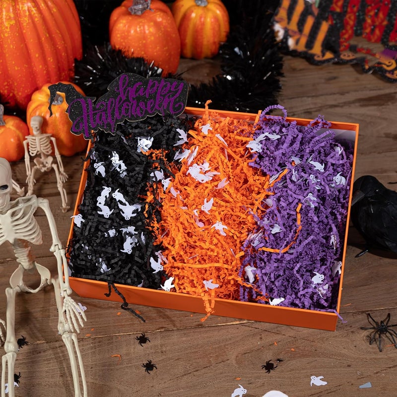 Jocomoni 12.3oz Halloween Crinkle Cut Paper Sherd Filler Black Orange Purple Crinkle Cut Paper with Ghost Confetti for Halloween Party Supply - Image 3